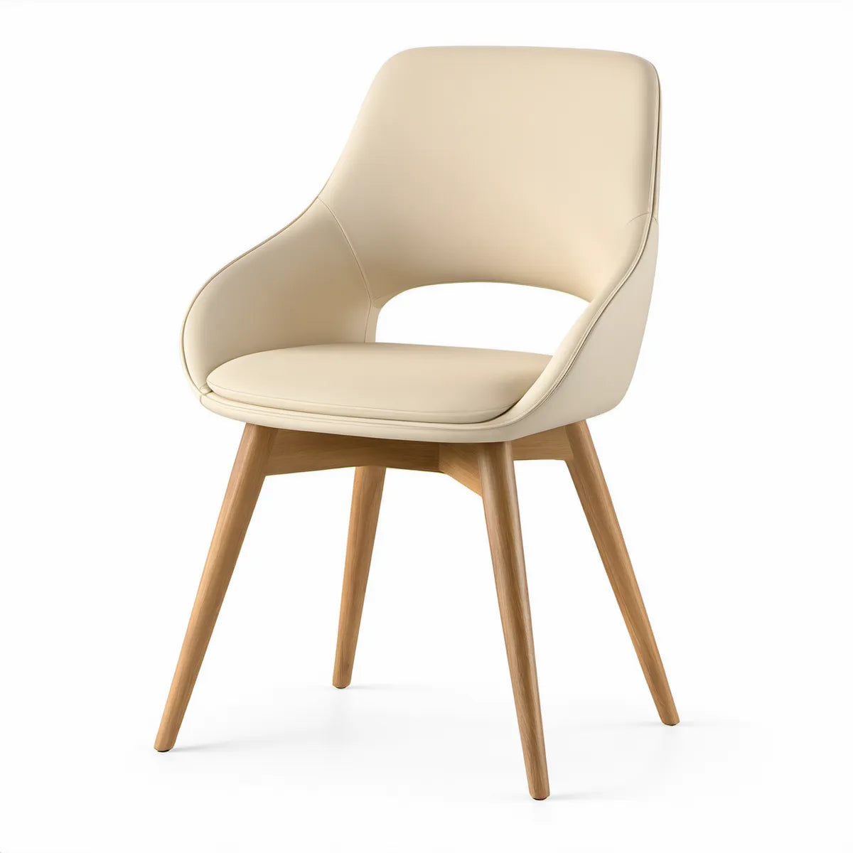 Cream PU Leather Armchair with Natural Brown Solid Rubberwood Legs, 22.4 x 23.6 x 32.7 in
