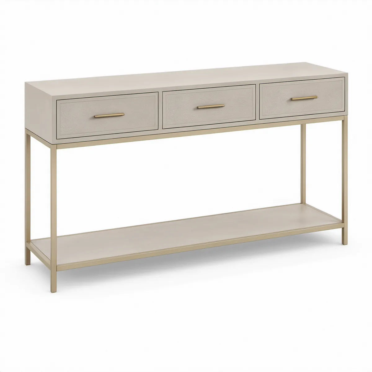 60 in Cream and Brass Console Table with 3 Drawers and Lower Shelf