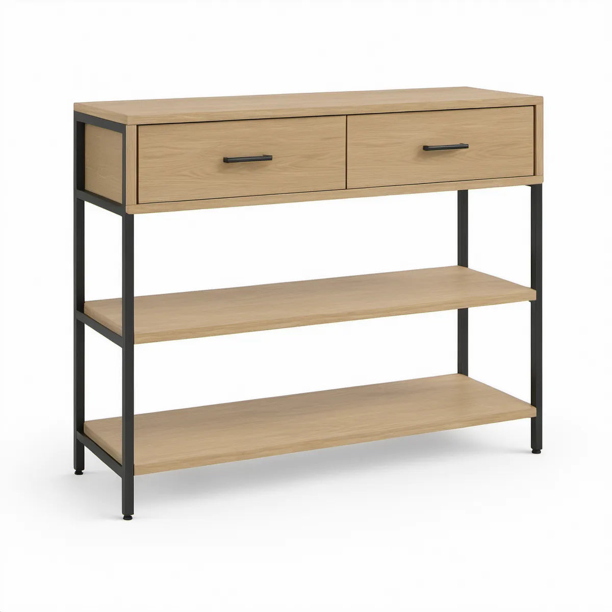 Natural Oak and Black Console Table with 2 Drawers and 2 Shelves, 47.2 x 15.7 x 36.0 in