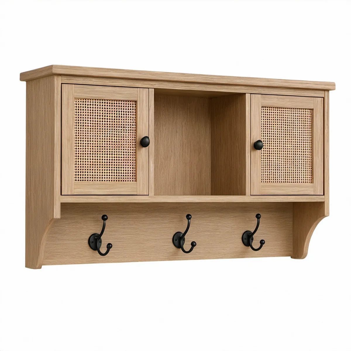 Natural Oak Rattan Wall-Mounted Storage Cabinet with 3 Double Hooks, 30 x 7 x 20 in, Beige and Black Accents
