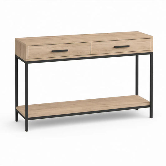 47.2 in Rectangular Console Table with 2 Drawers and Lower Shelf, Natural Oak/Black