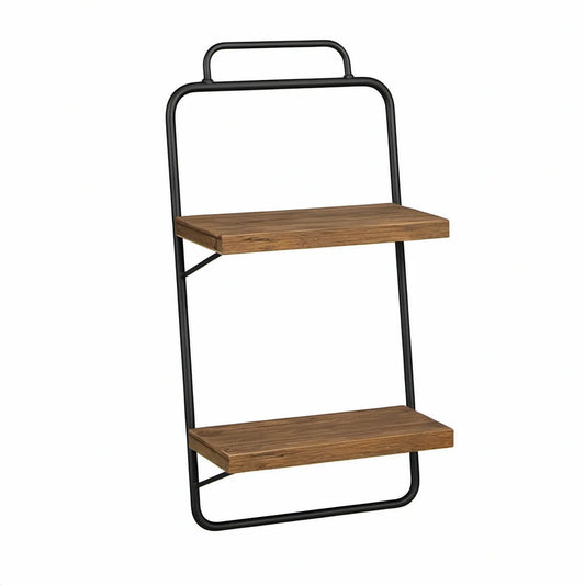 2-Tier Wall-Mounted Storage Shelf, Brown Engineered Wood and Black Steel, 15.7 x 7.9 x 27.6 in