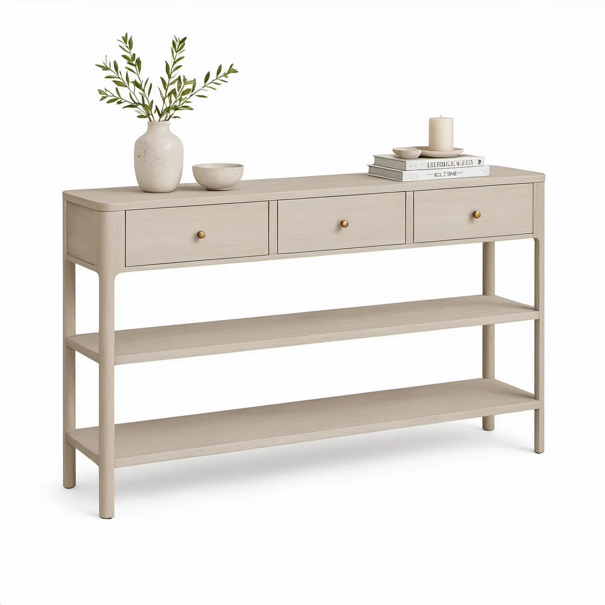 Light Beige Console Table with 3 Drawers and 2 Shelves, 60 x 15 x 34 in