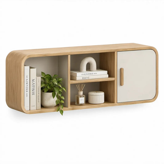 Wall Mounted Oak and White Cabinet with Rounded Frame, 39.37 x 11.81 x 17.72 in