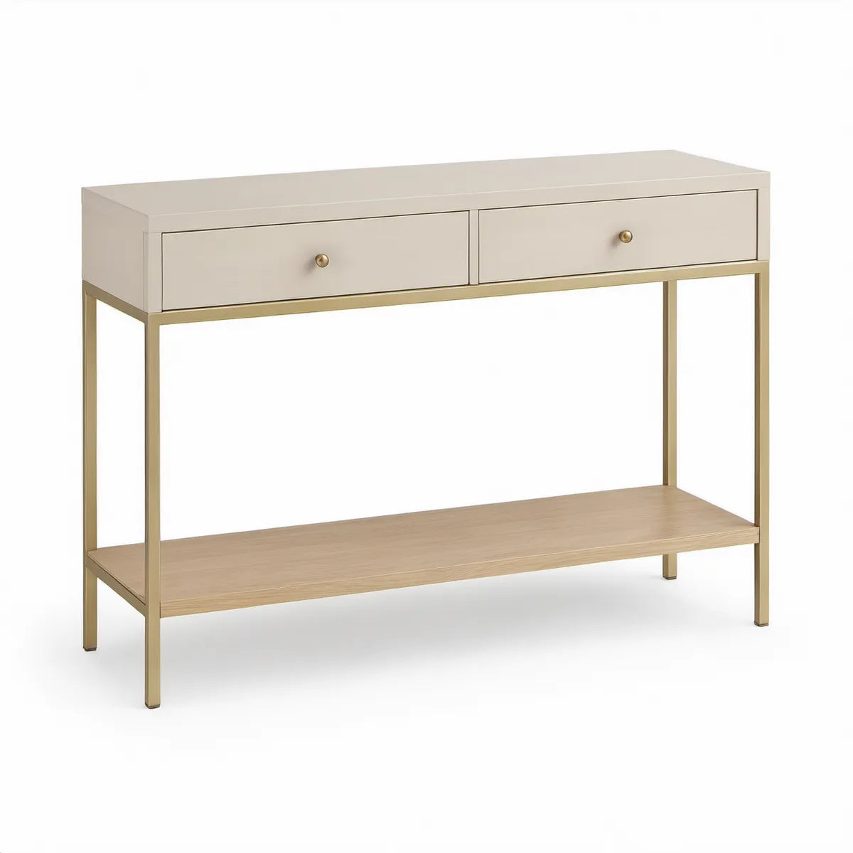 42 in Cream and Light Natural Wood Console Table with 2 Drawers and Gold Steel Frame