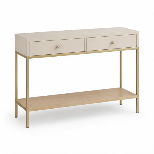 42 in Cream and Light Natural Wood Console Table with 2 Drawers and Gold Steel Frame