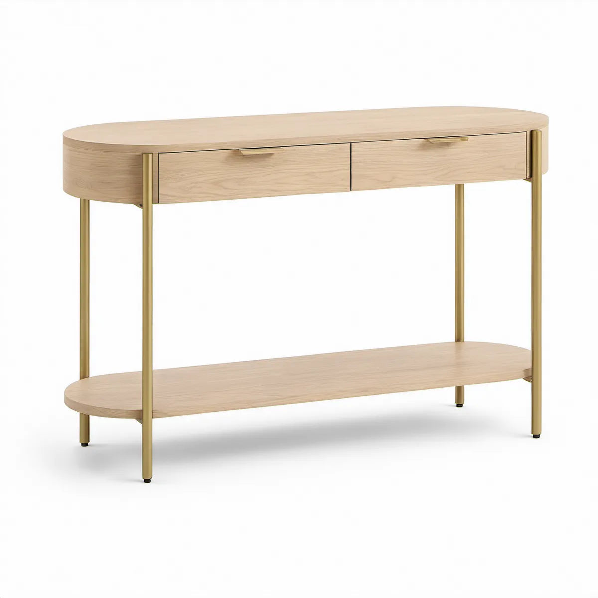 Natural Oak and Gold Console Table with 2 Drawers, 47.2 x 15.7 x 31.5 in