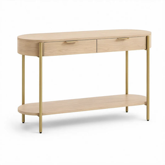 Natural Oak and Gold Console Table with 2 Drawers, 47.2 x 15.7 x 31.5 in