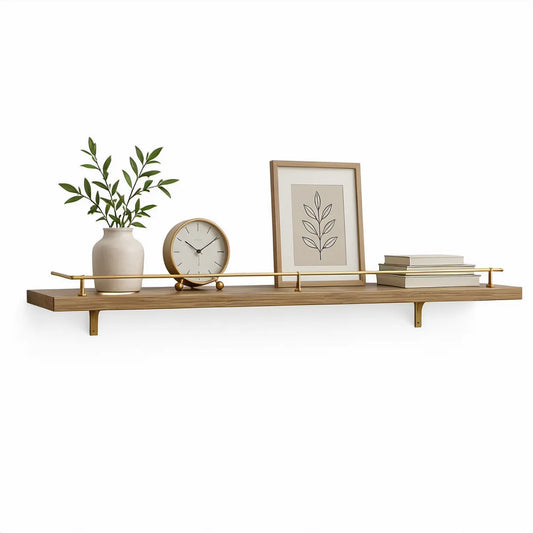 Wall-Mounted Floating Shelf with Guard Rail, 43.3 x 7.9 x 5.5 in, Walnut/Gold