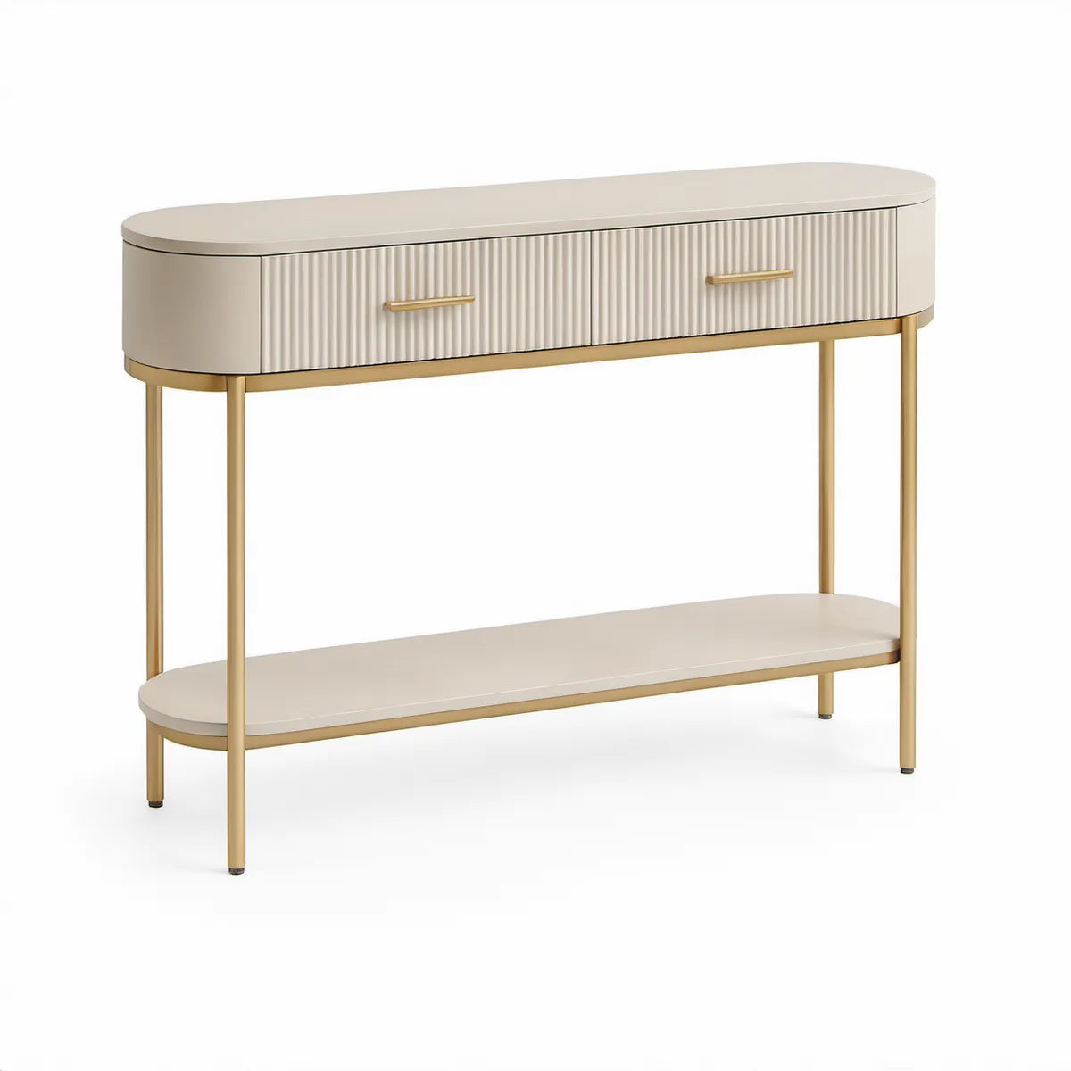 47.2 x 13.8 x 31.5 in Oval White and Gold MDF Console Table with 2 Drawers