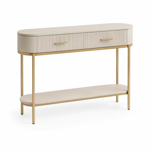 47.2 x 13.8 x 31.5 in Oval White and Gold MDF Console Table with 2 Drawers