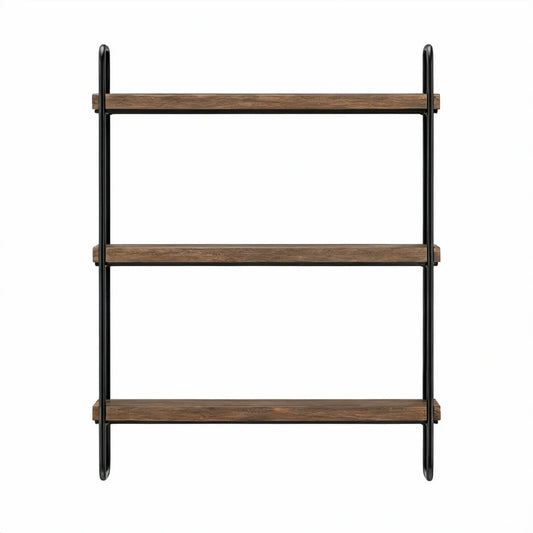 3-Tier Wall-Mounted Shelf, Solid Pine Wood and Steel, Brown/Black, 24 x 6 x 30 in